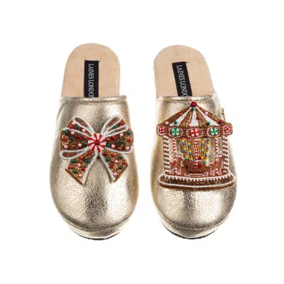 Laines London Women's Gold Softie Slippers With Christmas Gingerbread Bow & Carousel Brooches