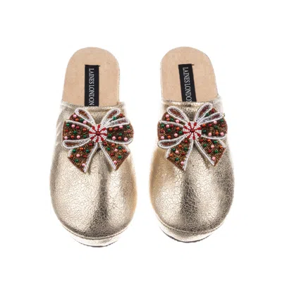 Laines London Women's Gold Softie Slippers With Christmas Gingerbread Bows Brooches In Animal Print
