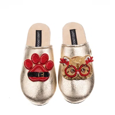 Laines London Women's Gold Softie Slippers With Christmas Golden British Shorthair Cat & Paw
