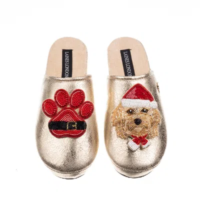 Laines London Women's Gold Softie Slippers With Christmas Golden Cavapoo & Paw Brooches