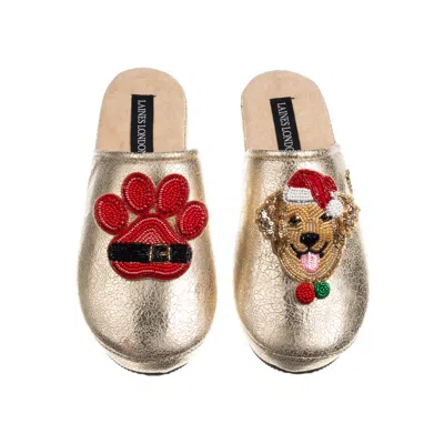 Laines London Women's Gold Softie Slippers With Christmas Golden Retriever & Paw Brooches