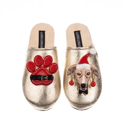 Laines London Women's Gold Softie Slippers With Christmas Greyhound & Paw Brooches