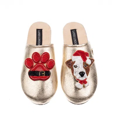 Laines London Women's Gold Softie Slippers With Christmas Jack Russell & Paw Brooches
