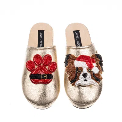 Laines London Women's Gold Softie Slippers With Christmas Papillon & Paw Brooches