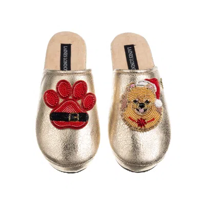 Laines London Women's Gold Softie Slippers With Christmas Pomeranian & Paw Brooches