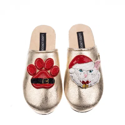 Laines London Women's Gold Softie Slippers With Christmas White Persian Cat & Paw Brooches