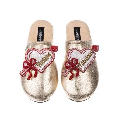 Laines London Women's Gold Softie Slippers With Fucking Fabulous Hearts Brooches