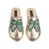 Laines London Women's Gold Softie Slippers With Stripe Green Bow Brooches In Gold
