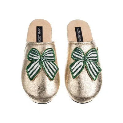 Laines London Women's Gold Softie Slippers With Stripe Green Bow Brooches