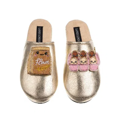Laines London Women's Gold Softie Slippers With With Laines Lovables Flour & Eggs Brooches