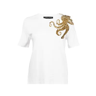 Laines London Women's Gold / White Laines Couture Embellished Gold Octopus T-shirt -white