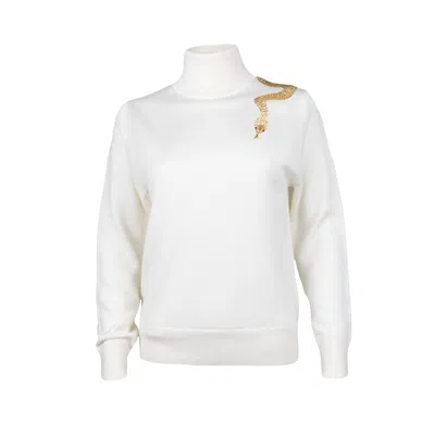 Laines London Women's Gold / White / Neutrals Laines Couture Embellished Gold Shoulder Snake Knitted Roll Neck Jum