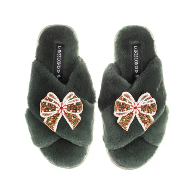 Laines London Women's Green / Gold Classic Laines Slippers With Christmas Gingerbread Bows Brooches - Limited Edit In Multi