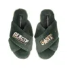 Laines London Women's Green / Gold Classic Laines Slippers With Classy Cunt Brooches - Limited Edition Green In Green