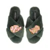 Laines London Women's Green / Gold Classic Laines Slippers With Cowgirl Hat & Cowgirl Boots Brooches - Limited Edi In Black