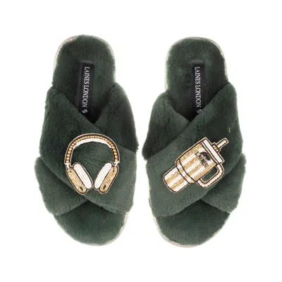 Laines London Women's Green / Gold Classic Laines Slippers With Headphones & Quencher Brooches - Limited Edition G In Multi