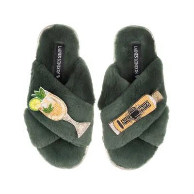 Laines London Women's Green / Gold Classic Laines Slippers With Hugo Spritz Brooches - Limited Edition Green