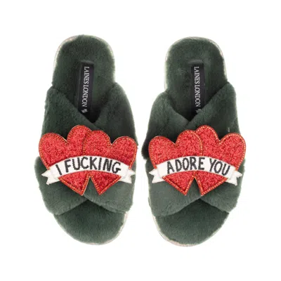 Laines London Women's Green / Gold Classic Laines Slippers With I Fucking Adore You Brooches - Limited Edition Gre