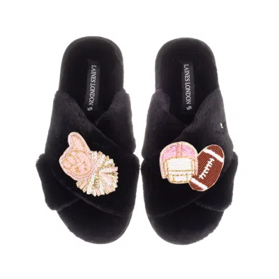 Laines London Women's Laines Classic Slippers With American Football Brooches - Black