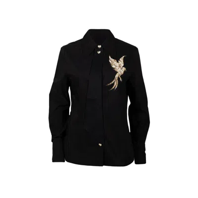 Laines London Women's Laines Couture Black Tie Shirt With Embellished Bird Of Paradise