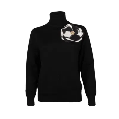 Laines London Women's Laines Couture Embellished Black & Cream Corsage Knitted Roll Neck Jumper - Black