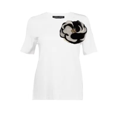 Laines London Women's Laines Couture Embellished Black & Cream Organza Corsage Brooch T-shirt -white