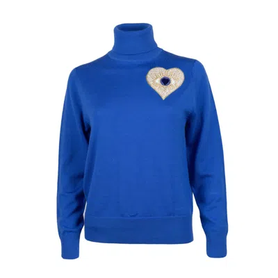 Laines London Women's Laines Couture Heart Eye Embellished Knitted Roll Neck Jumper - Cobalt Blue
