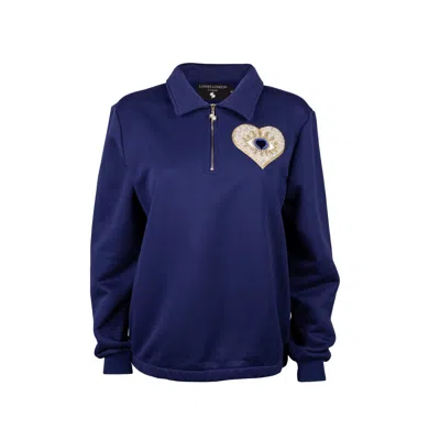 Laines London Women's Laines Couture Navy Quarter Zip Sweatshirt With Embellished Blue Heart Eye