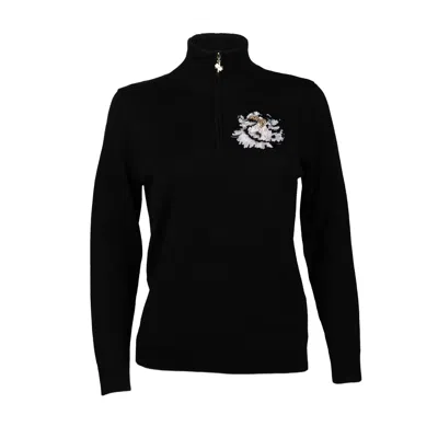 Laines London Women's Laines Couture Quarter Zip Jumper With Embellished Black & White Peony - Black