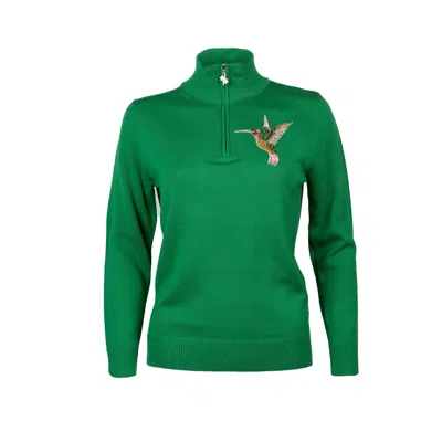 Laines London Women's Laines Couture Quarter Zip Jumper With Embellished Hummingbird - Green