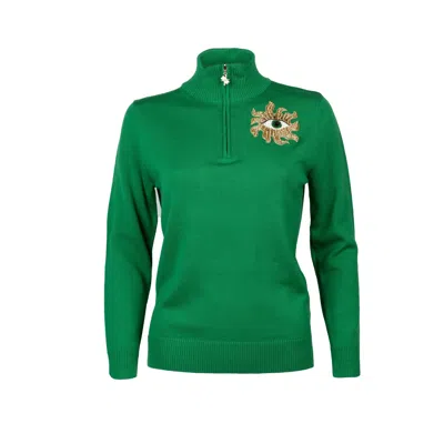 Laines London Women's Laines Couture Quarter Zip Jumper With Embellished Mystic Eye - Green