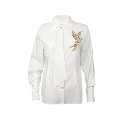 Laines London Women's Laines Couture White Tie Shirt With Embellished Bird Of Paradise