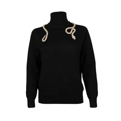 Laines London Women's Laines Couture Wrap Crystal & Pearl Snake Embellished Knitted Roll Neck - Black
