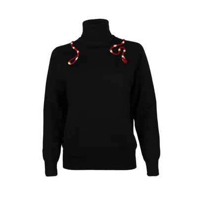 Laines London Women's Laines Couture Wrap Red Snake Embellished Knitted Roll Neck Jumper - Black