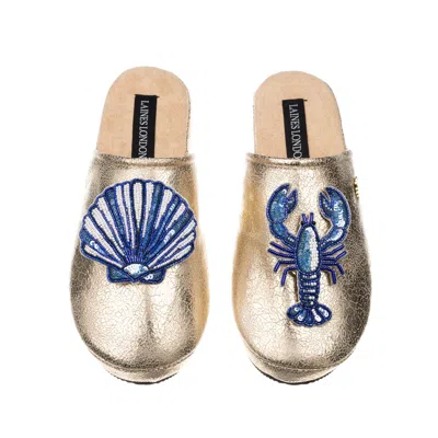 Laines London Women's Laines Gold Softie Slippers With Mediterranean Blue Shell & Lobster Brooches