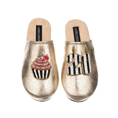 Laines London Women's Laines Gold Softie Slippers With Stripe 21st Birthday & Cake Brooches