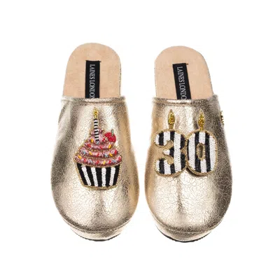 Laines London Women's Laines Gold Softie Slippers With Stripe 30th Birthday & Cake Brooches