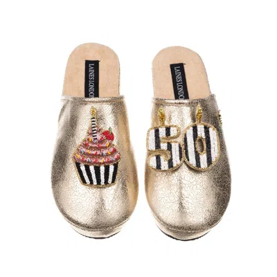 Laines London Women's Laines Gold Softie Slippers With Stripe 50th Birthday & Cake Brooches