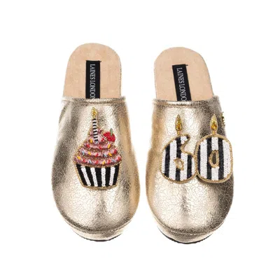 Laines London Women's Laines Gold Softie Slippers With Stripe 60th Birthday & Cake Brooche