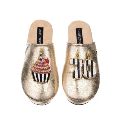 Laines London Women's Laines Gold Softie Slippers With Stripe 70th Birthday & Cake Brooches