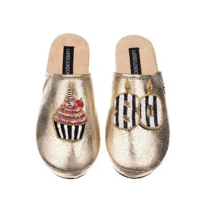 Laines London Women's Laines Gold Softie Slippers With Stripe 80th Birthday & Cake Brooches