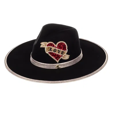 Laines London Women's  Black Couture Fedora Hat With Embellished Red Love