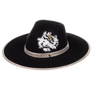 Laines London Women's  Black Couture Fedora Hat With Embellished White Peony