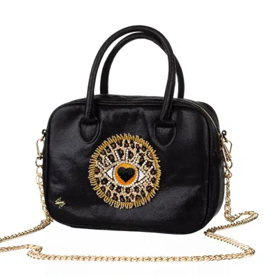 Laines London Women's  Couture Black Metallic Bag With Embellished Leopard Print Eye