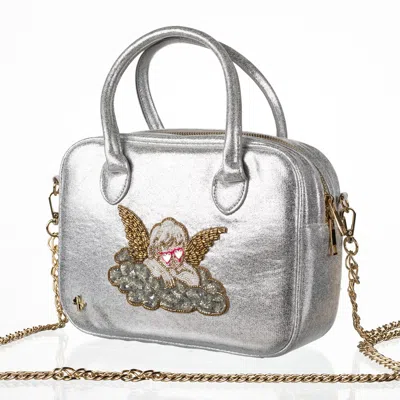 Laines London Women's  Couture Silver Metallic Bag With Embellished Funky Cherub