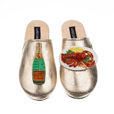Laines London Women's  Gold Softie Slipper With Champagne Bottle & Lobster Platter Brooch
