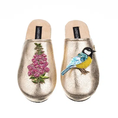 Laines London Women's  Gold Softie Slipper With Pink Foxglove Flowers & Blue Tit Brooches