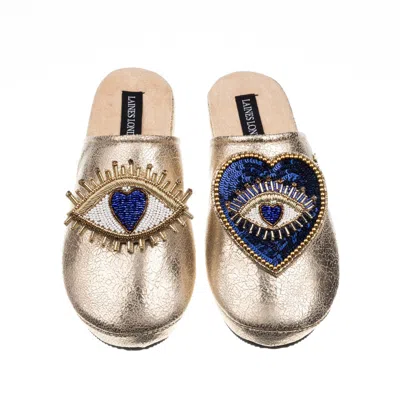 Laines London Women's  Gold Softie Slippers With Blue Heart & Love Eye Brooches
