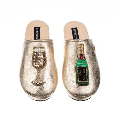 Laines London Women's  Gold Softie Slippers With Bubbles Darling Brooches