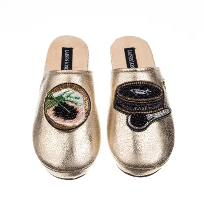 Laines London Women's  Gold Softie Slippers With Caviar & Blini Brooches